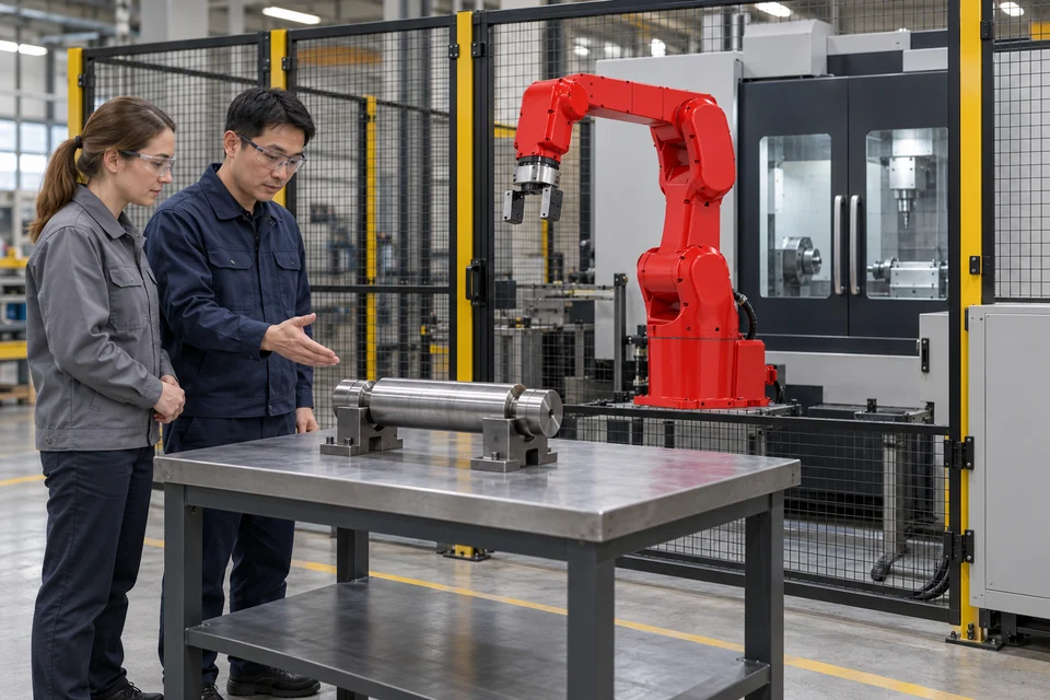 员工与访客在关闭的 CNC 单元外讨论受支撑样件与交接条件的应用场景示意。